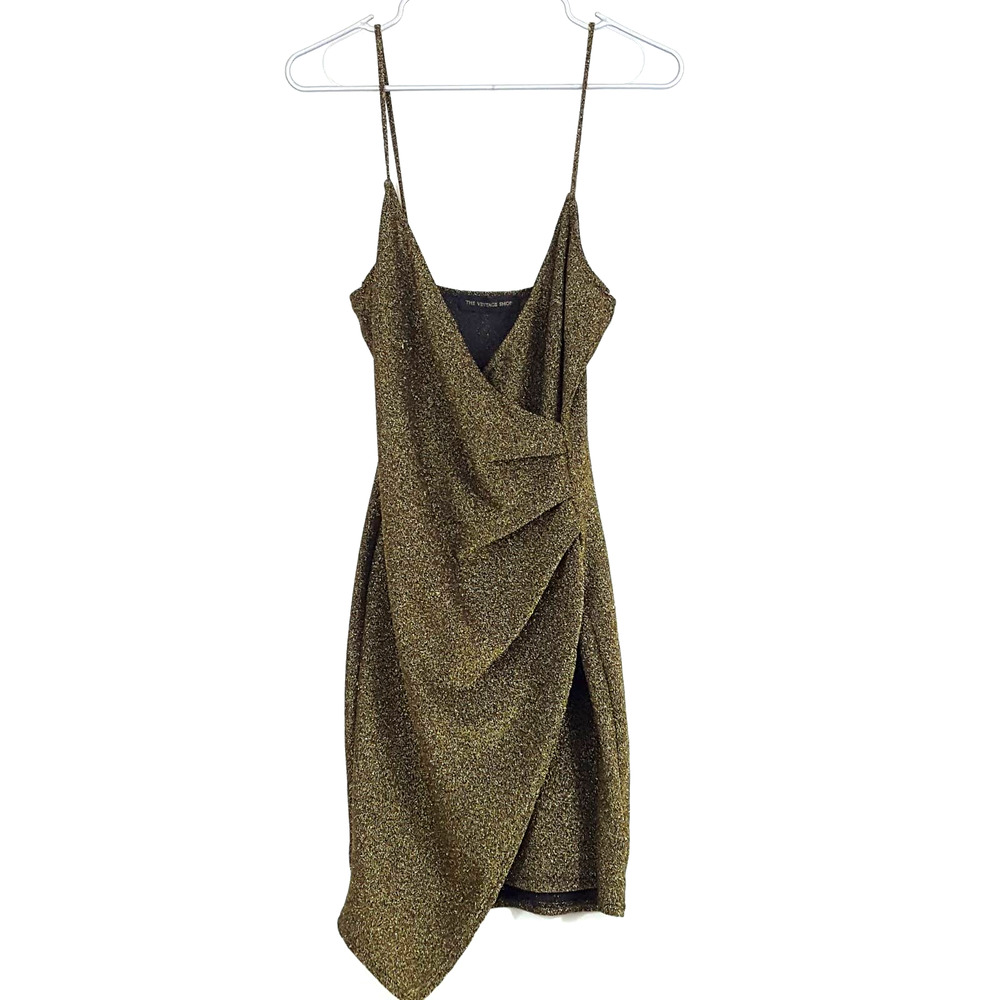 The Vintage Shop Metallic Gold V-Neck Cocktail Mini Dress Women's Size Medium